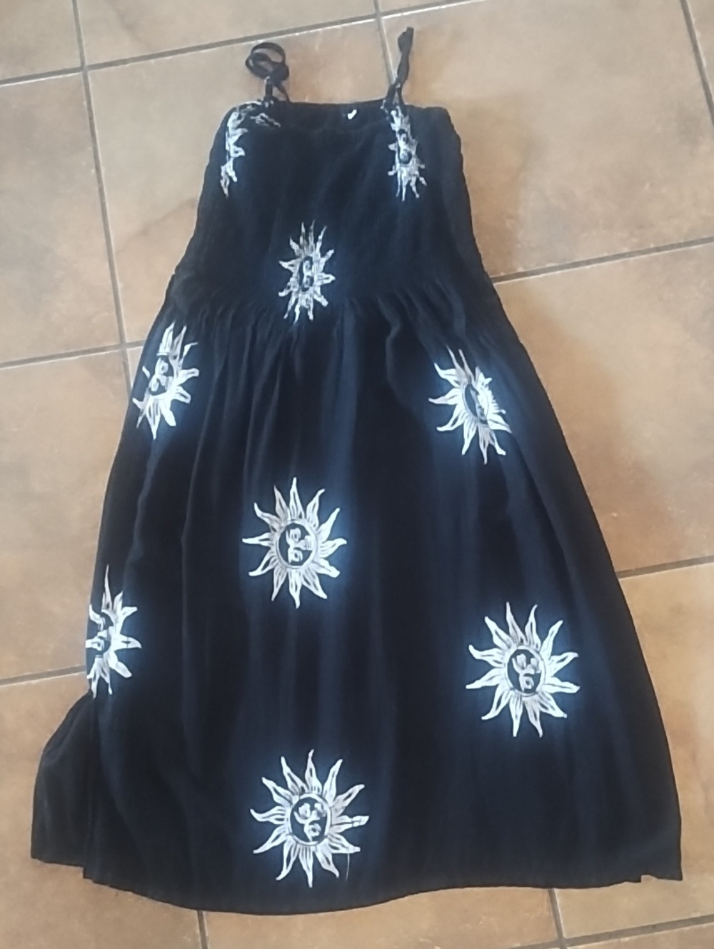 Black Sun Print Smocked Sundress for Women